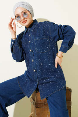 Taşlı Metal Düğmeli Kot İkili Takım Mavi - İkili Takım