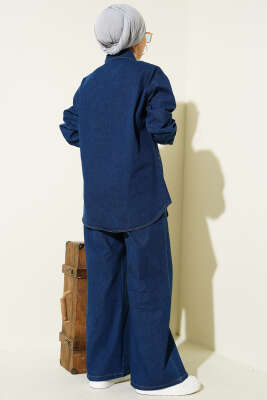 Taşlı Metal Düğmeli Kot İkili Takım Mavi - İkili Takım