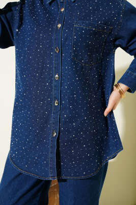 Taşlı Metal Düğmeli Kot İkili Takım Mavi - İkili Takım