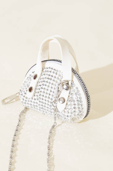 Taşlı Mini Çanta Beyaz - Kol Çantası