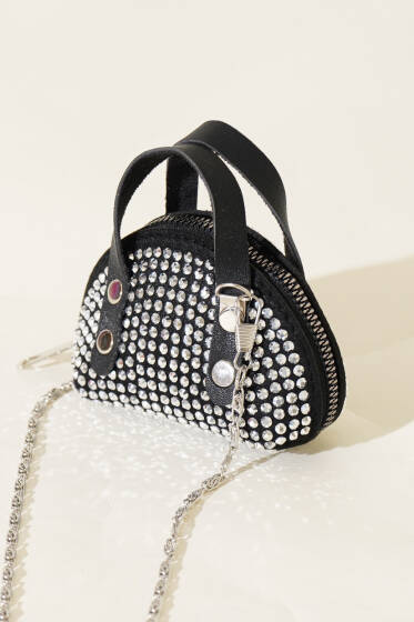 Taşlı Mini Çanta Siyah Beyaz - Kol Çantası