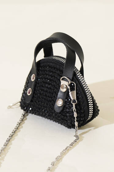 Taşlı Mini Çanta Siyah - Kol Çantası