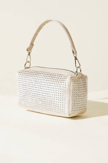 Taşlı Mini El Çantası Bej - Kol Çantası