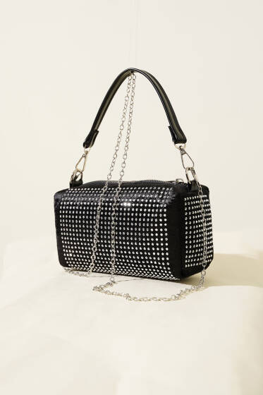 Taşlı Mini El Çantası Siyah - Kol Çantası