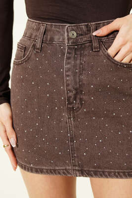 Taşlı Mini Kot Etek Kahve - Kadın Giyim Modelleri
