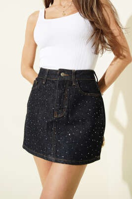 Taşlı Mini Kot Etek Lacivert - Kadın Giyim Modelleri