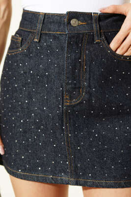 Taşlı Mini Kot Etek Lacivert - Kadın Giyim Modelleri