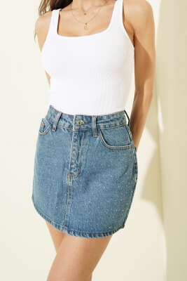 Taşlı Mini Kot Etek Mavi - Kadın Giyim Modelleri