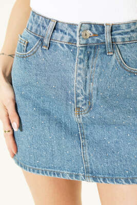 Taşlı Mini Kot Etek Mavi - Kadın Giyim Modelleri