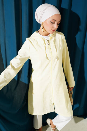 Taşlı Nakış Detaylı Kapüşonlu Kap Sarı - Dış Giyim&Mont