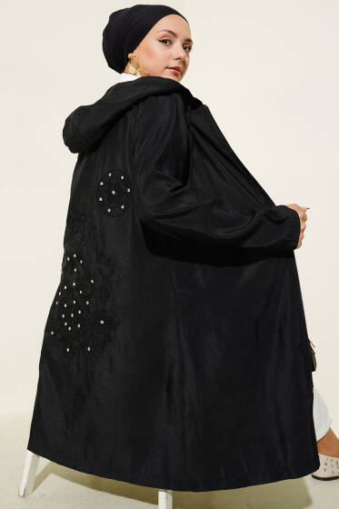 Taşlı Nakış Detaylı Kapüşonlu Kap Siyah - Dış Giyim&Mont