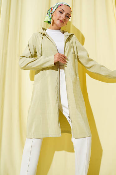 Taşlı Nakış Detaylı Kapüşonlu Kap Su Yeşili - Dış Giyim&Mont