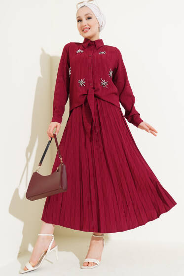 Taşlı Önü Bağlamalı Etekli İkili Takım Bordo - İkili Takım