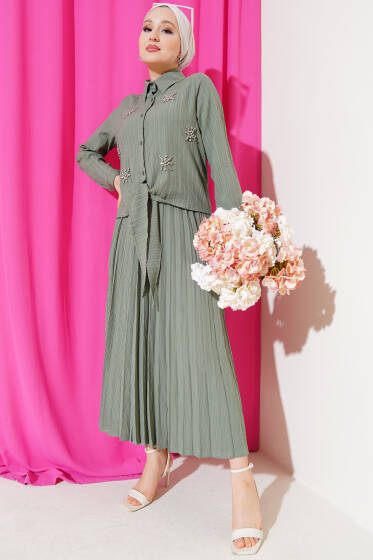 Taşlı Önü Bağlamalı Etekli İkili Takım Çağla Yeşili - İkili Takım