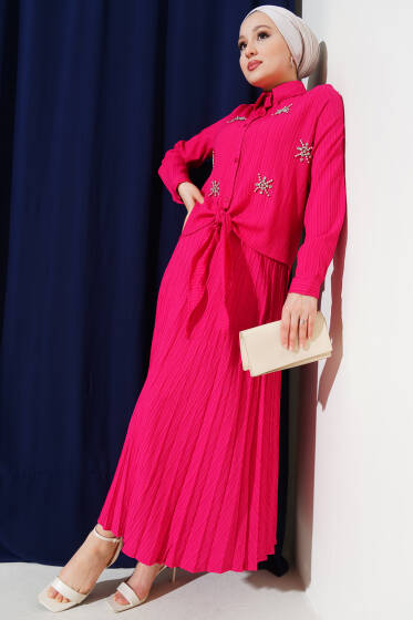Taşlı Önü Bağlamalı Etekli İkili Takım Fuşya - İkili Takım