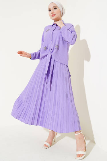 Taşlı Önü Bağlamalı Etekli İkili Takım Lila - İkili Takım