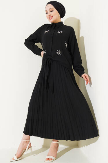 Taşlı Önü Bağlamalı Etekli İkili Takım Siyah - İkili Takım