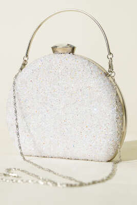 Taşlı Oval Abiye Çanta Beyaz - GÜZEL ÇANTA