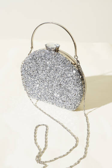 Taşlı Oval Abiye Çanta Gümüş - Kol Çantası