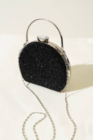 Taşlı Oval Abiye Çanta Siyah - Kol Çantası