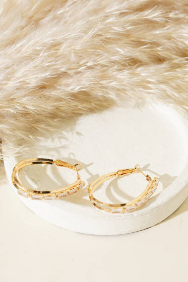 Taşlı Oval Model Küpe Gold - Küpe