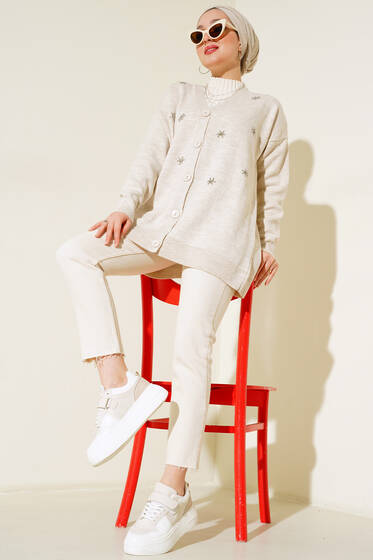 Taşlı Oversize Hırka Bej - Triko Hırka