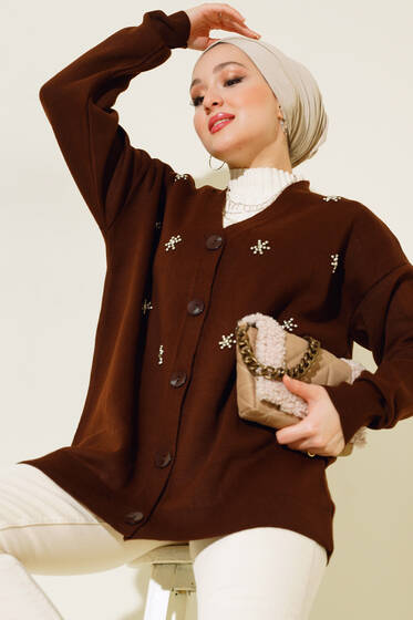 Taşlı Oversize Hırka Kahve - Triko Hırka
