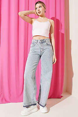 Taşlı Paça Sökük Palazzo Kot Pantolon Açık Kar - Kadın Giyim Modelleri