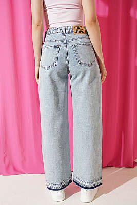 Taşlı Paça Sökük Palazzo Kot Pantolon Açık Kar - Kadın Giyim Modelleri