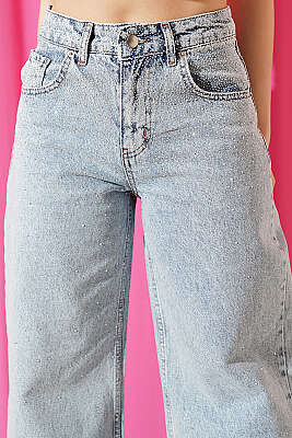 Taşlı Paça Sökük Palazzo Kot Pantolon Açık Kar - Kadın Giyim Modelleri