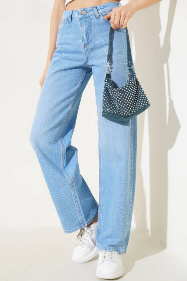 Taşlı Palazzo Kot Pantolon Açık Mavi - Yeni Giyim