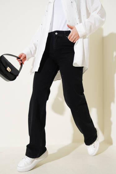 Taşlı Palazzo Kot Pantolon Füme - Pantolon