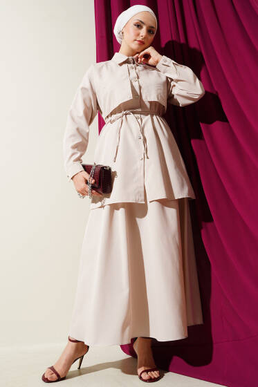 Taşlı Pelerinli Etekli İkili Takım Bej - İkili Takım