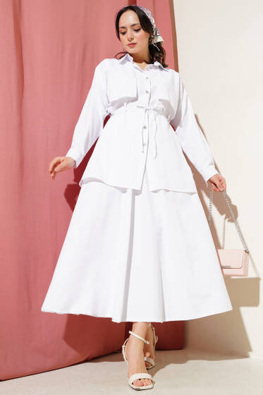 Taşlı Pelerinli Etekli İkili Takım Beyaz - İkili Takım