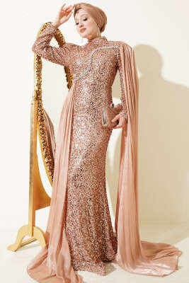 Taşlı Pul Payetli Pelerinli Abiye Elbise Bakır - CNR TEKSTİL