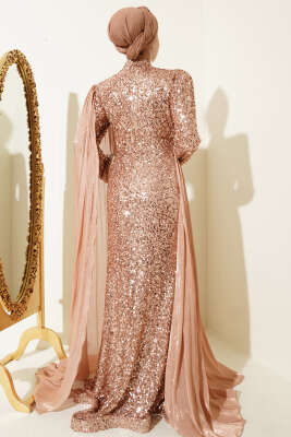 Taşlı Pul Payetli Pelerinli Abiye Elbise Bakır - Elbise