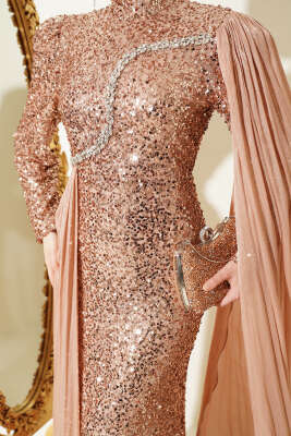 Taşlı Pul Payetli Pelerinli Abiye Elbise Bakır - Elbise