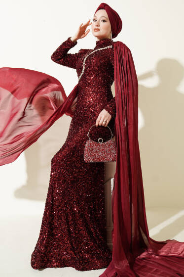 Taşlı Pul Payetli Pelerinli Abiye Elbise Bordo - Elbise