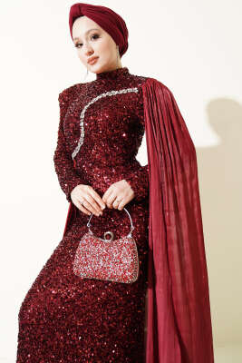 Taşlı Pul Payetli Pelerinli Abiye Elbise Bordo - Elbise