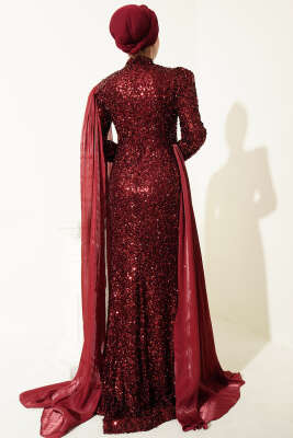 Taşlı Pul Payetli Pelerinli Abiye Elbise Bordo - Elbise