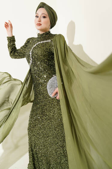 Taşlı Pul Payetli Pelerinli Abiye Elbise Haki - Elbise