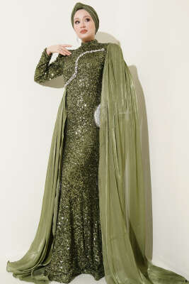 Taşlı Pul Payetli Pelerinli Abiye Elbise Haki - Elbise