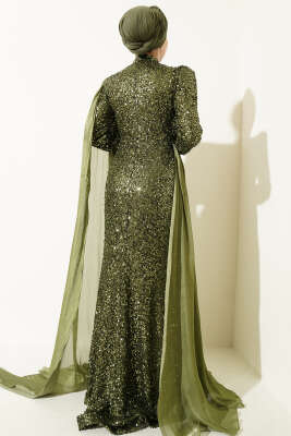 Taşlı Pul Payetli Pelerinli Abiye Elbise Haki - Elbise