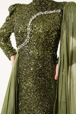 Taşlı Pul Payetli Pelerinli Abiye Elbise Haki - Elbise