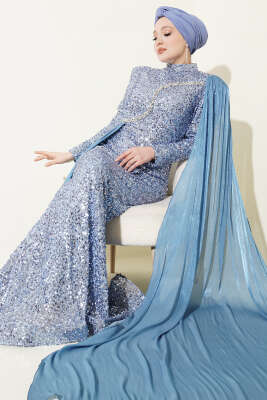 Taşlı Pul Payetli Pelerinli Abiye Elbise İndigo - CNR TEKSTİL