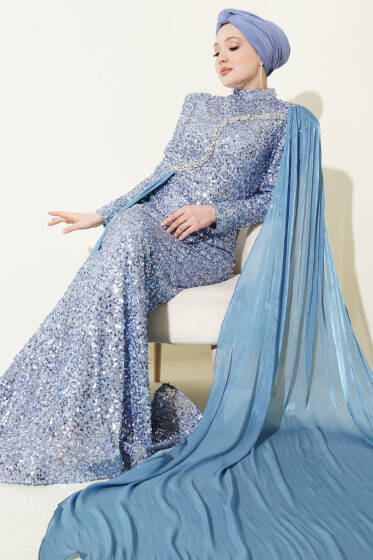 Taşlı Pul Payetli Pelerinli Abiye Elbise İndigo - Elbise