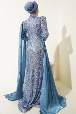 Taşlı Pul Payetli Pelerinli Abiye Elbise İndigo - Elbise