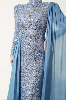 Taşlı Pul Payetli Pelerinli Abiye Elbise İndigo - Elbise