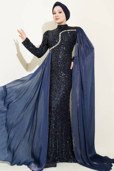 Taşlı Pul Payetli Pelerinli Abiye Elbise Lacivert - Elbise