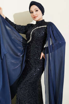 Taşlı Pul Payetli Pelerinli Abiye Elbise Lacivert - Elbise